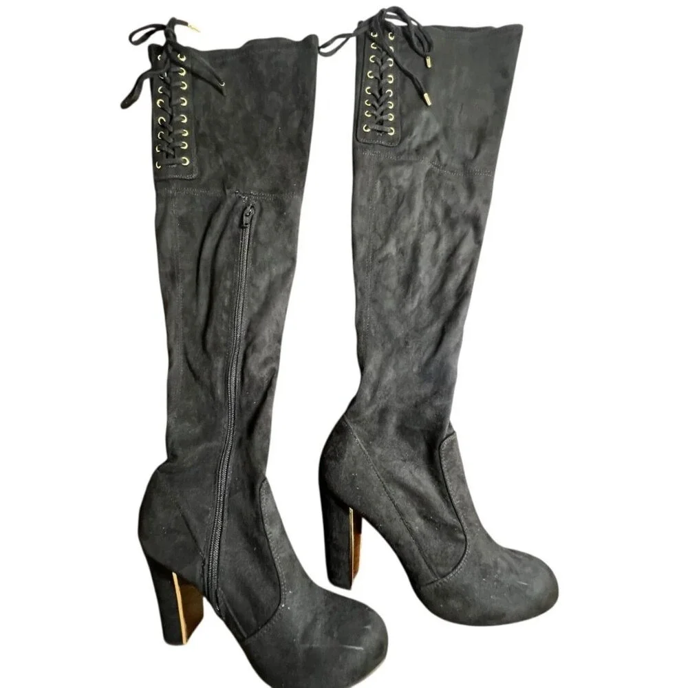 Material Girl Black Faux Suede Over Knee Thigh High Block 4